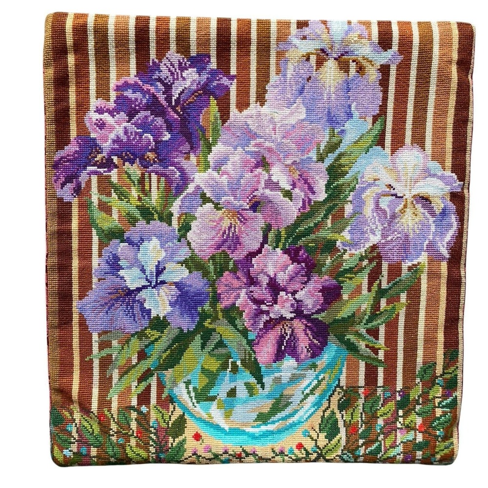 Handmade Cross Stitch Throw Pillow Cover Multicolor Iris Floral OOAK
